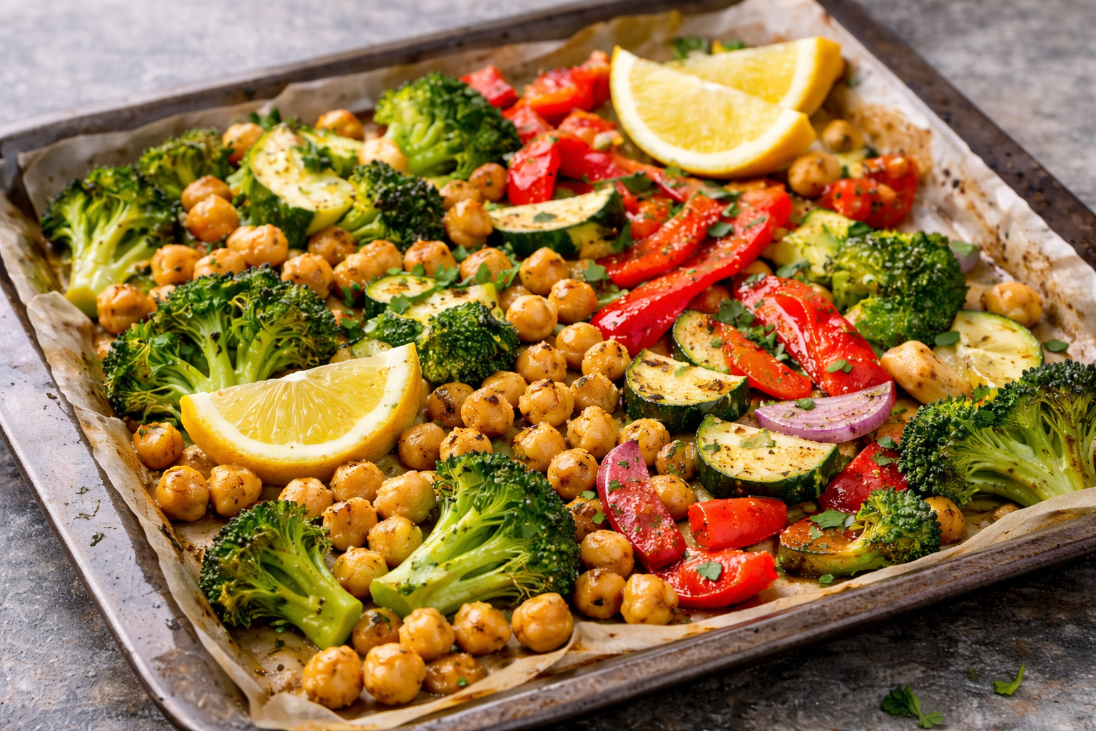 Roasted Veggie + Chickpea Sheet Pan Dinner